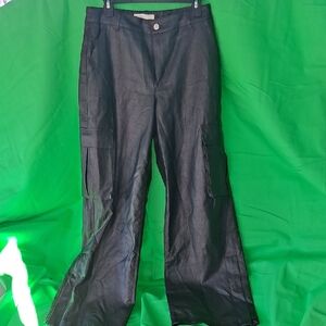 OAK + FORT Black Faux Leather Pants with Snap Detail